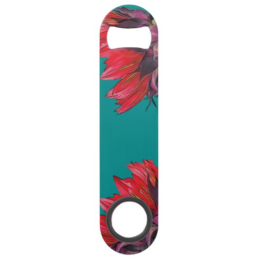 Red Sunflower Sideview Turquoise Bottle Opener Speed Flessenopener (Voorkant)