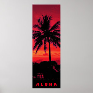 Red Sunset Aloha Hawaii Palm Trepices Travel Poster