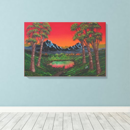 Red Sunset Mountain Lake Canvas Afdruk (Insitu (Houten vloer))