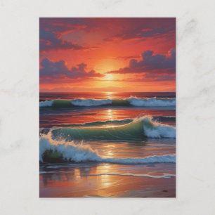 Red Sunset Ocean Seascape Schilderij Kunstwerk Briefkaart