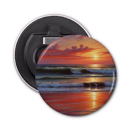 Red Sunset Ocean Seascape Schilderij Kunstwerk Button Flesopener (Voorkant)