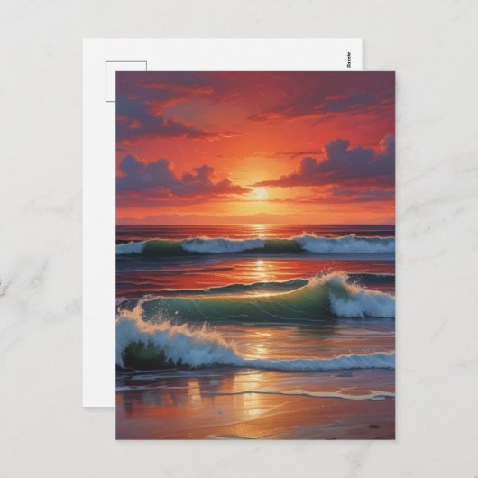 Red Sunset Ocean Seascape Schilderij Kunstwerk Feestdagenkaart (Voorkant / Achterkant)