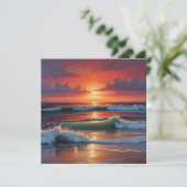 Red Sunset Ocean Seascape Schilderij Kunstwerk Feestdagenkaart (Staand voorkant)
