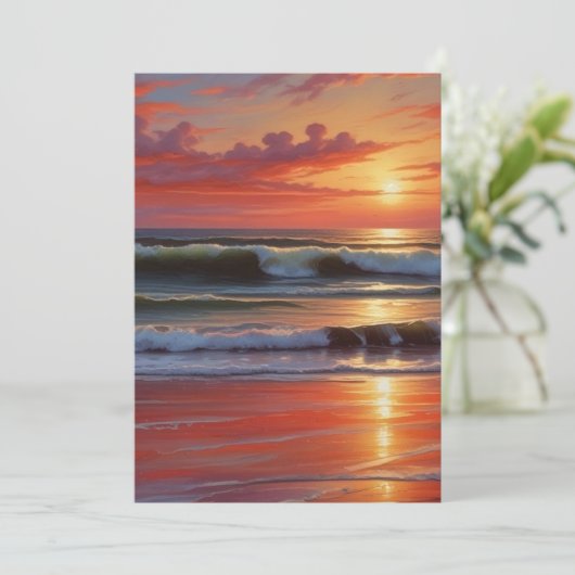 Red Sunset Ocean Seascape Schilderij Kunstwerk Feestdagenkaart (Staand voorkant)