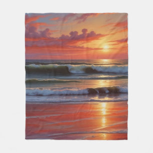Red Sunset Ocean Seascape Schilderij Kunstwerk Fleece Deken