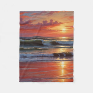 Red Sunset Ocean Seascape Schilderij Kunstwerk Fleece Deken