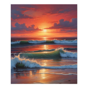 Red Sunset Ocean Seascape Schilderij Kunstwerk Foto Afdruk