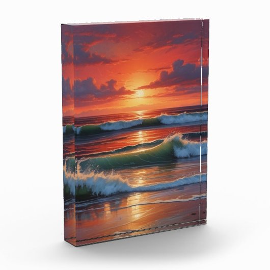 Red Sunset Ocean Seascape Schilderij Kunstwerk Fotoblokken (Links)