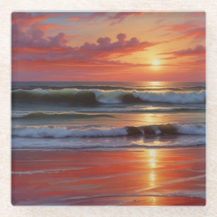 Red Sunset Ocean Seascape Schilderij Kunstwerk Glazen Onderzetter
