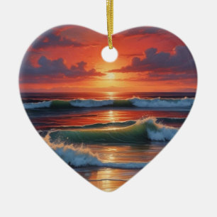 Red Sunset Ocean Seascape Schilderij Kunstwerk Keramisch Ornament