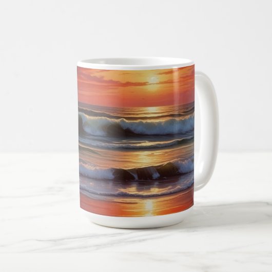 Red Sunset Ocean Seascape Schilderij Kunstwerk Koffiemok (Voorkant rechts)