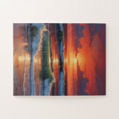 Red Sunset Ocean Seascape Schilderij Kunstwerk Legpuzzel (Horizontaal)