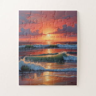Red Sunset Ocean Seascape Schilderij Kunstwerk Legpuzzel