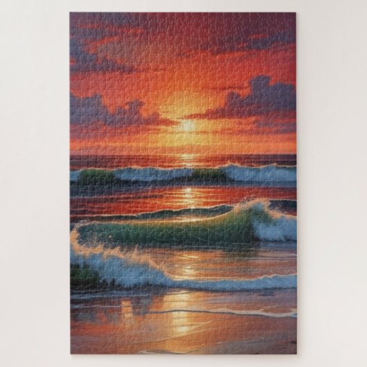 Red Sunset Ocean Seascape Schilderij Kunstwerk Legpuzzel (Verticaal)