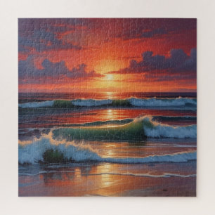 Red Sunset Ocean Seascape Schilderij Kunstwerk Legpuzzel