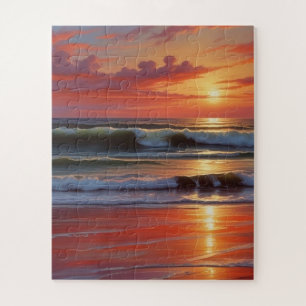 Red Sunset Ocean Seascape Schilderij Kunstwerk Legpuzzel