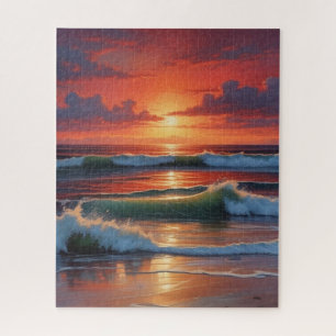 Red Sunset Ocean Seascape Schilderij Kunstwerk Legpuzzel