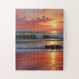 Red Sunset Ocean Seascape Schilderij Kunstwerk Legpuzzel