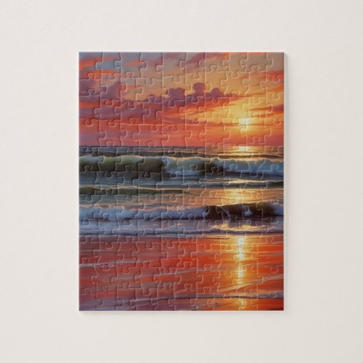 Red Sunset Ocean Seascape Schilderij Kunstwerk Legpuzzel (Verticaal)