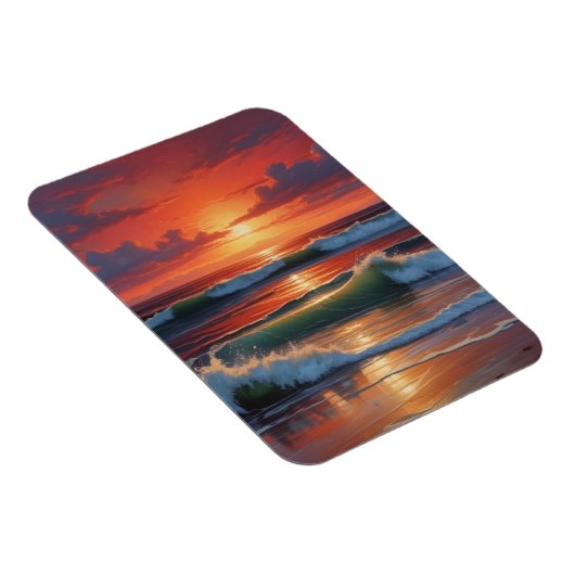 Red Sunset Ocean Seascape Schilderij Kunstwerk Magneet (Rechterzijde)