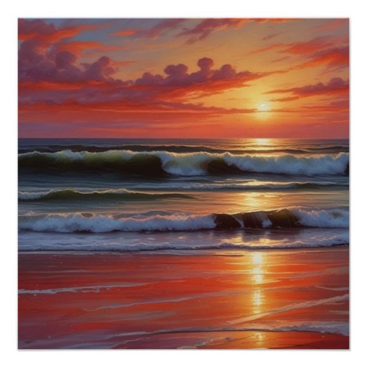 Red Sunset Ocean Seascape Schilderij Kunstwerk Perfect Poster (Voorkant)