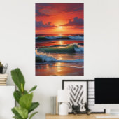 Red Sunset Ocean Seascape Schilderij Kunstwerk Poster (Thuiskantoor)