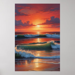 Red Sunset Ocean Seascape Schilderij Kunstwerk Poster