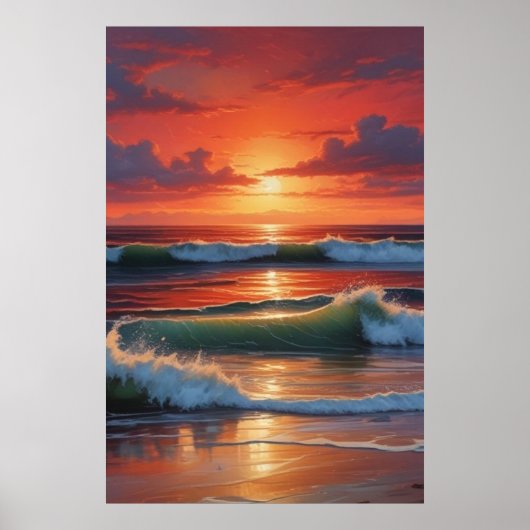 Red Sunset Ocean Seascape Schilderij Kunstwerk Poster (Voorkant)