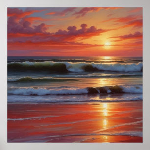 Red Sunset Ocean Seascape Schilderij Kunstwerk Poster