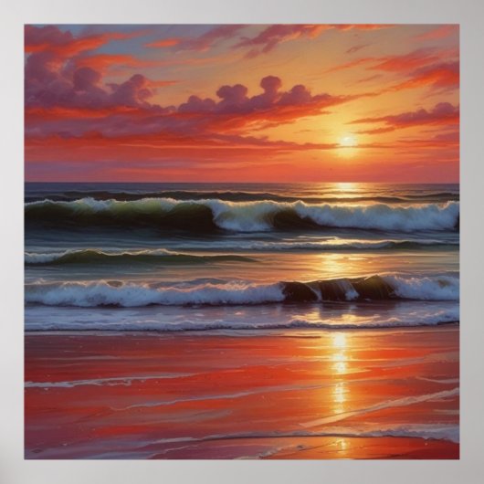 Red Sunset Ocean Seascape Schilderij Kunstwerk Poster (Voorkant)