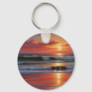 Red Sunset Ocean Seascape Schilderij Kunstwerk Sleutelhanger
