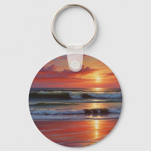 Red Sunset Ocean Seascape Schilderij Kunstwerk Sleutelhanger (Voorkant)