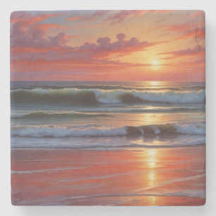 Red Sunset Ocean Seascape Schilderij Kunstwerk Stenen Onderzetter