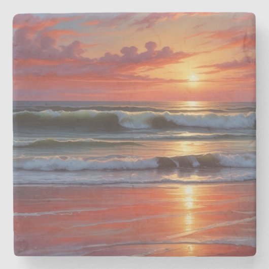 Red Sunset Ocean Seascape Schilderij Kunstwerk Stenen Onderzetter (Voorkant)