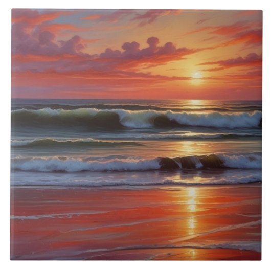 Red Sunset Ocean Seascape Schilderij Kunstwerk Tegeltje (Voorkant)