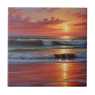 Red Sunset Ocean Seascape Schilderij Kunstwerk Tegeltje