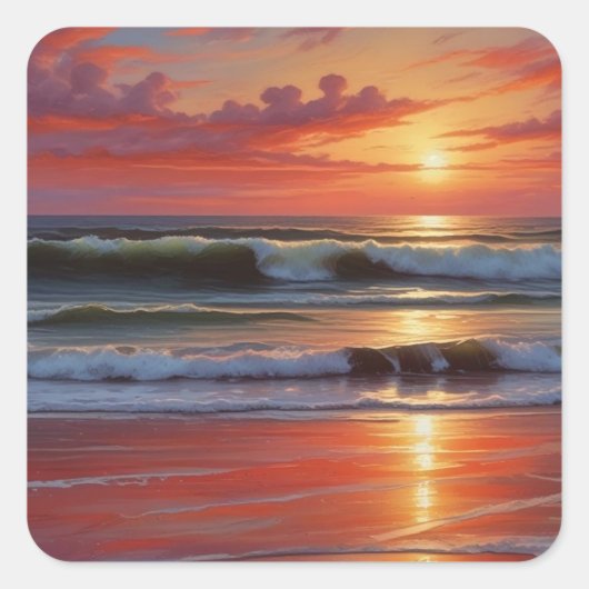 Red Sunset Ocean Seascape Schilderij Kunstwerk Vierkante Sticker (Voorkant)