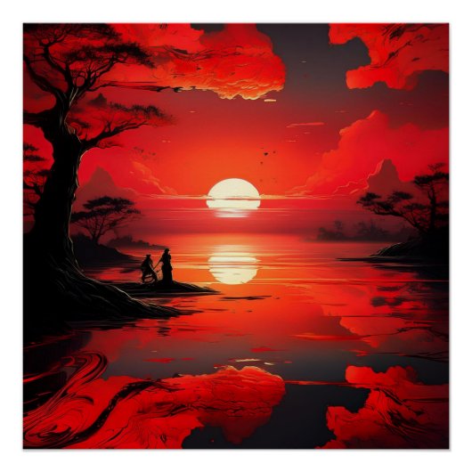 Red Sunset Reflection - Vreedzame Natuur kunst Perfect Poster (Voorkant)
