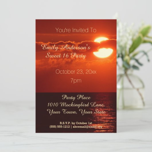 Red Sunset Zomer Strand Thema Sweet 16 Verjaardag Kaart (Staand voorkant)
