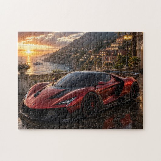 Red Supercar at Mediterranean Sunset Legpuzzel (Horizontaal)