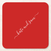 Red Swash Script Gepersonaliseerde bruiloft Kartonnen Onderzetters (Voorkant)
