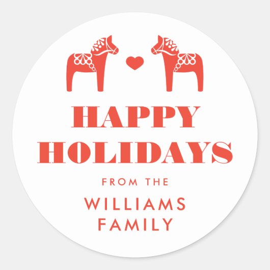 Red Swedish Dala Horse Holiday Round Gift Sticker (Voorkant)
