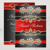 Red Sweet16 Elegant Pearl Verjaardag Uitnodigen Kaart (Voorkant / Achterkant)