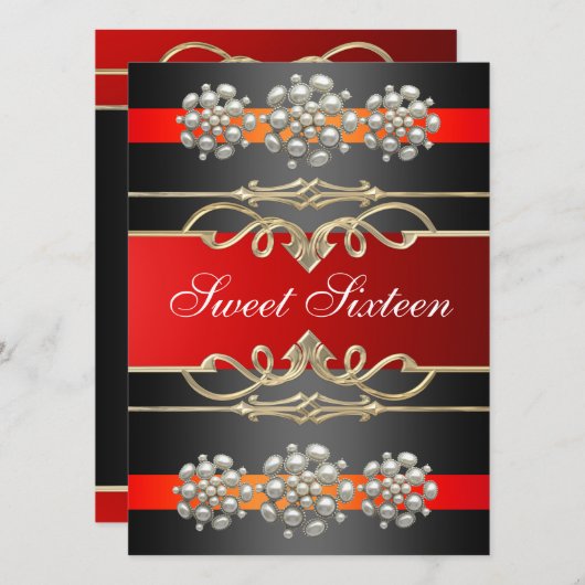 Red Sweet16 Elegant Pearl Verjaardag Uitnodigen Kaart (Voorkant / Achterkant)