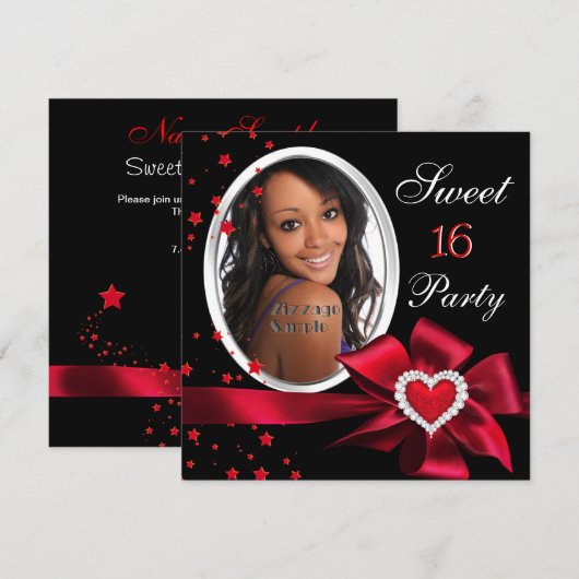 Red Sweet 16 Birthday Party Heart Photo Silver Kaart (Voorkant / Achterkant)