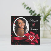 Red Sweet 16 Birthday Party Heart Photo Silver Kaart (Staand voorkant)