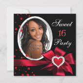 Red Sweet 16 Birthday Party Heart Photo Silver Kaart (Voorkant)