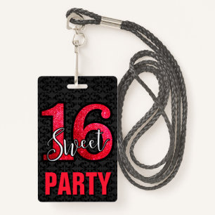 Red Sweet 16 Birthday Party Invitation ID Card Badge