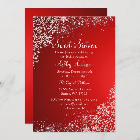 Red Sweet 16 Winter Wonderland Sparkle Snowflakes Kaart (Voorkant / Achterkant)