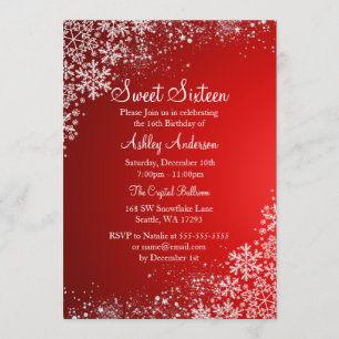 Red Sweet 16 Winter Wonderland Sparkle Snowflakes Kaart